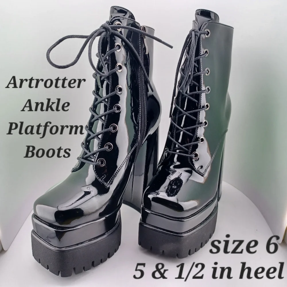 Artrotter Black Ankle Platform Boots Womens size 6 Chunky Block 5.5 in  Heel - Picture 8 of 8